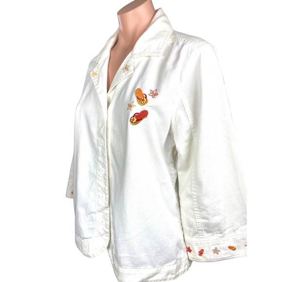 Christopher & Banks Size M White Top Jacket -Sandal Appliques- 3/4 Sleeve Cotton - Picture 2 of 6